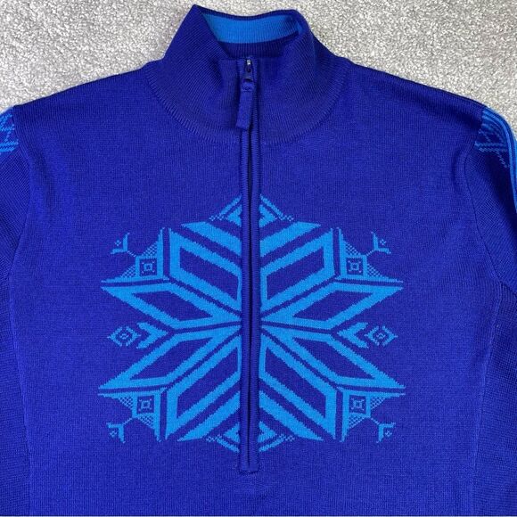 Obermeyer Sweater Women's Large Blue 1/2 Zip Mock Neck Snowflake Merino Wool - Picture 1 of 12